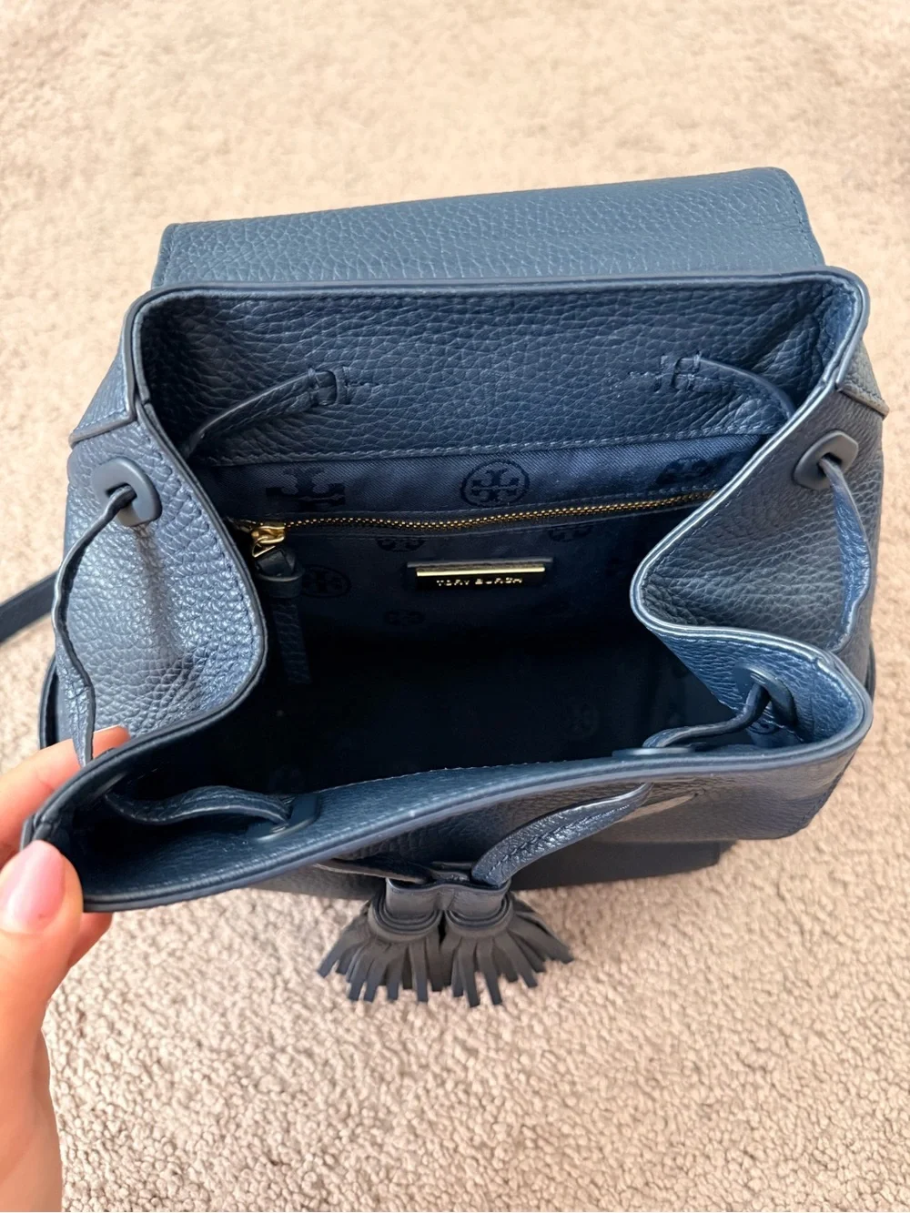 Tory Burch Dark Navy Pebbled Leather Tassel Backpack